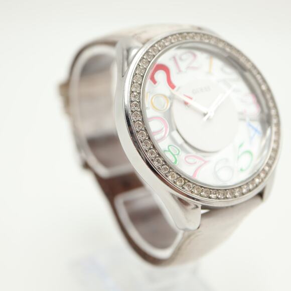 Guess Clear Dial Multicolor Numbers 45mm Watch White Leather with New Battery - Picture 9 of 16